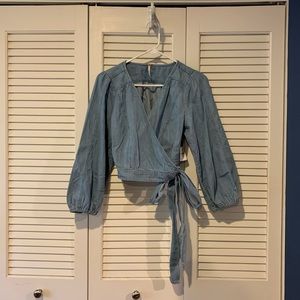 Chambray cropped wrap shirt
